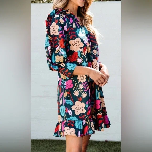 NWT! Green Floral Print Puff Sleeve Ruffled Mini Dress boho retro layered SZ S - Picture 4 of 15